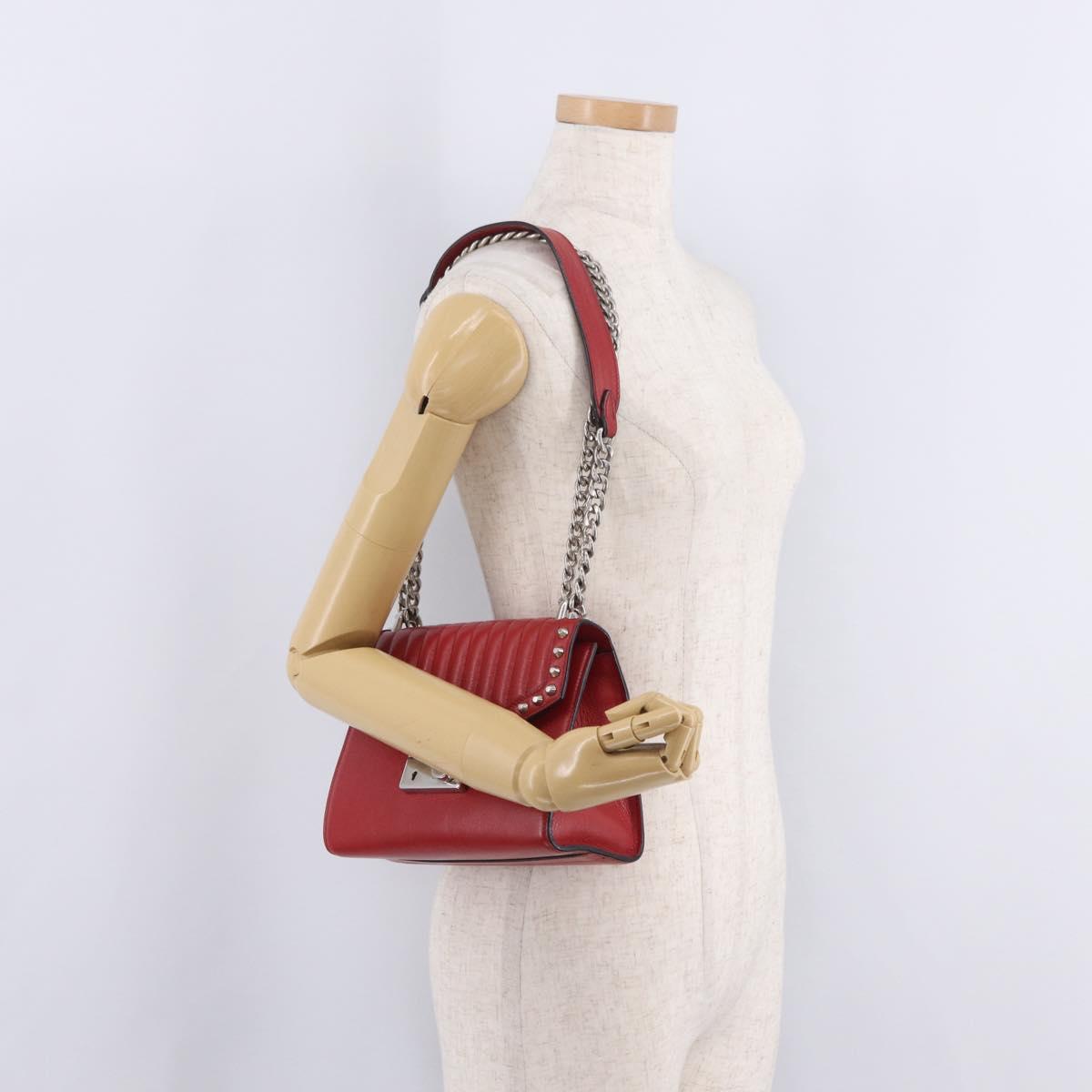 PRADA Chain Shoulder Bag Leather Red Silver Auth 210281V