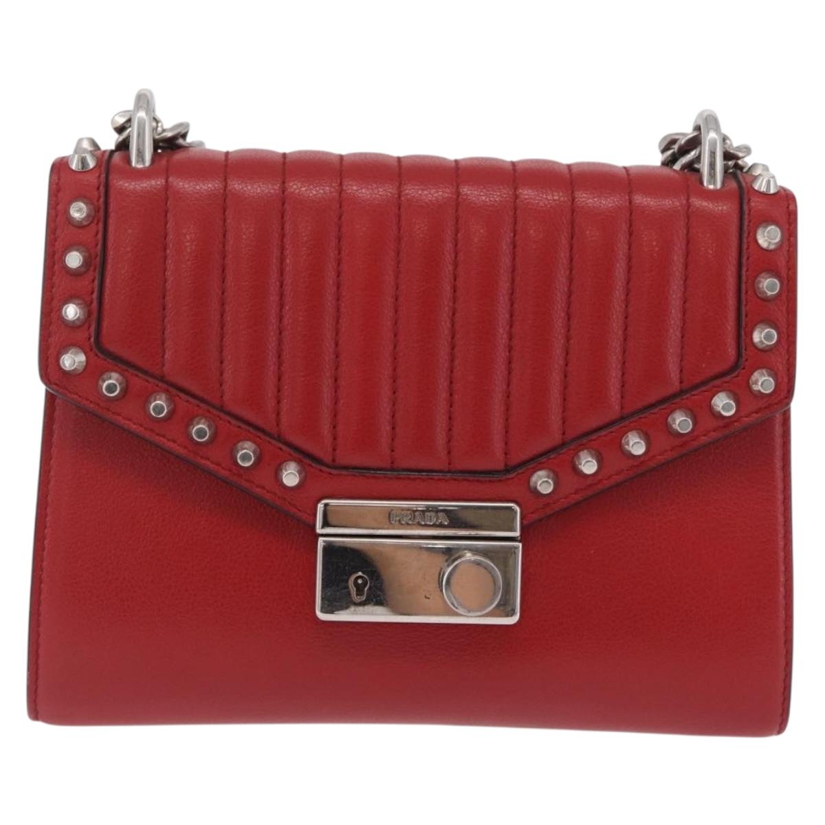PRADA Chain Shoulder Bag Leather Red Silver Auth 210281V