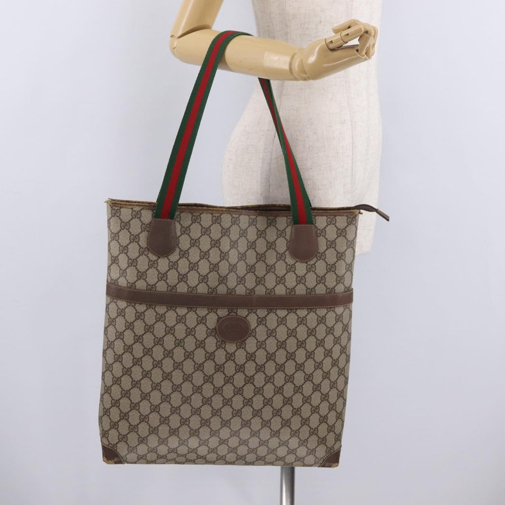 GUCCI GG Supreme Web Sherry Line Tote Bag PVC Beige Gold Auth 210632