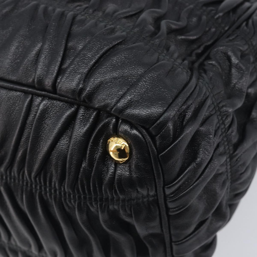 PRADA Gathered Hand Bag Leather Black Gold Auth 210740V