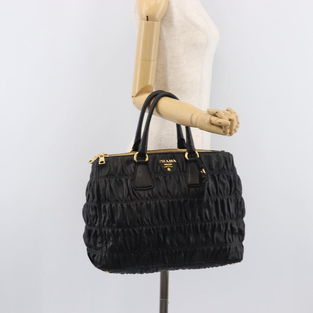 PRADA Gathered Hand Bag Leather Black Gold Auth 210740V
