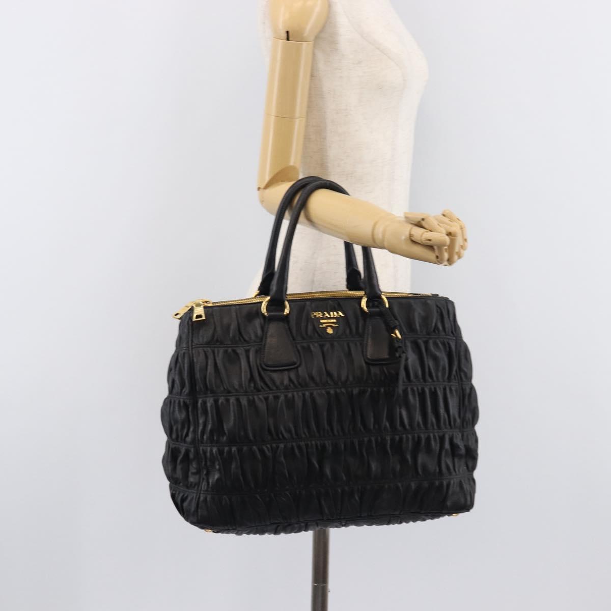 PRADA Gathered Hand Bag Leather Black Gold Auth 210740V