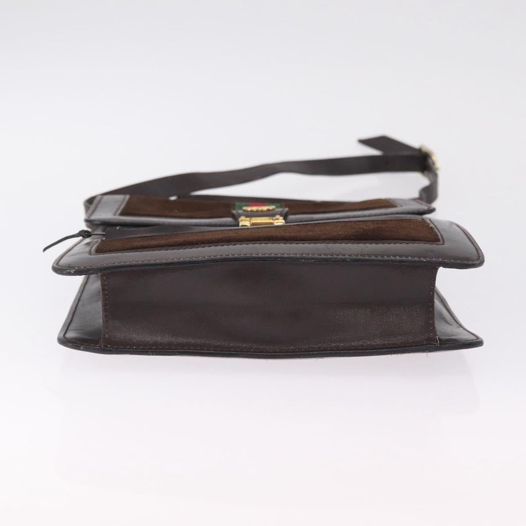 GUCCI Web Sherry Line Shoulder Bag Suede Brown Gold Tone Auth 211045