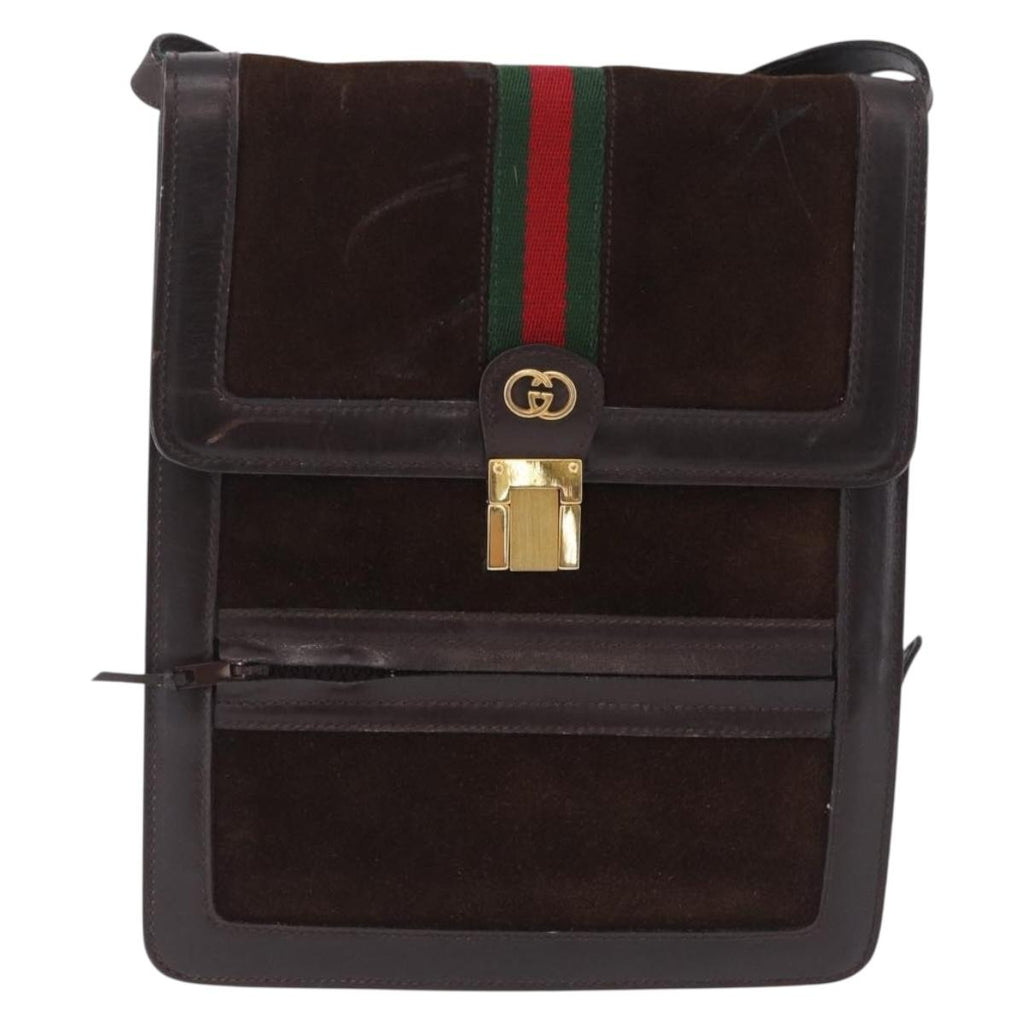 GUCCI Web Sherry Line Shoulder Bag Suede Brown Gold Tone Auth 211045