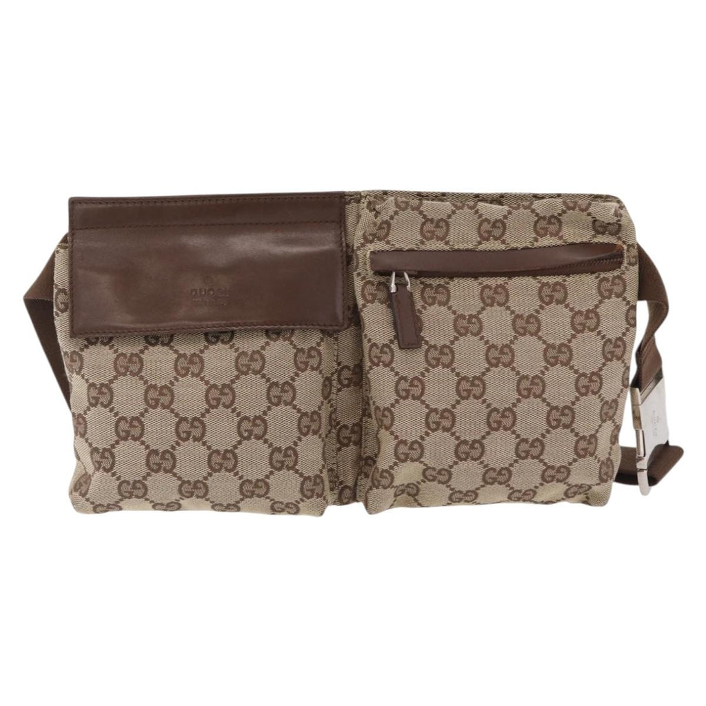 GUCCI GG Canvas Waist Bag Beige Silver 28566 Auth 211883