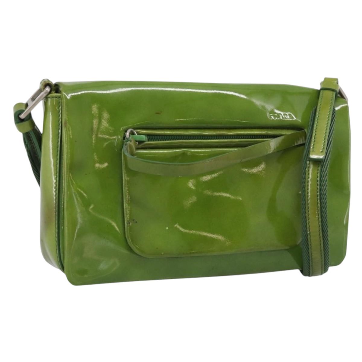 PRADA Shoulder Bag Patent leather Green Silver Auth 213055