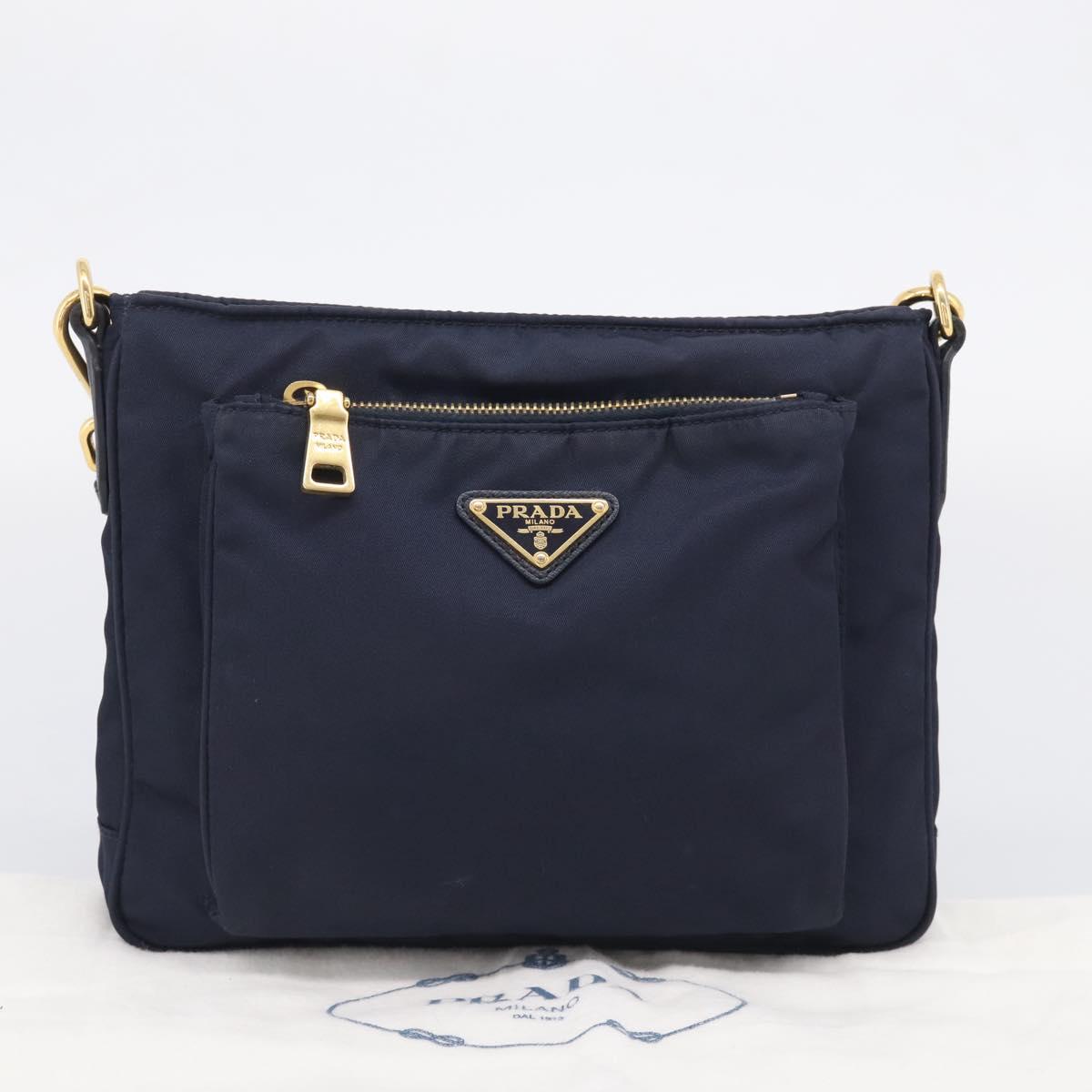 PRADA Shoulder Bag Nylon Navy Gold Auth 213147A