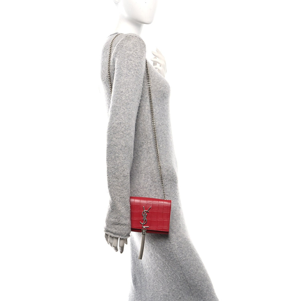 Calfskin Crocodile Embossed Small Classic Monogram Kate Tassel Satchel Red