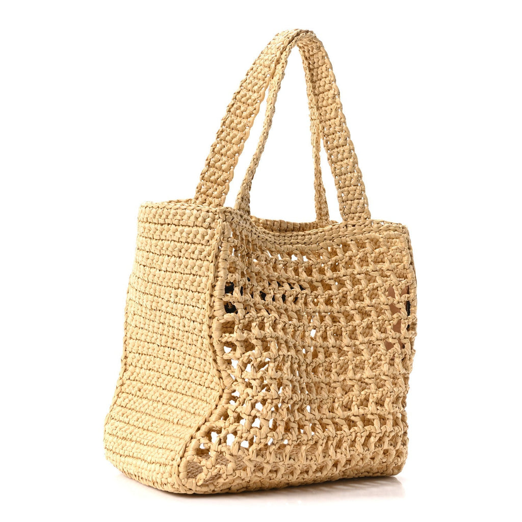 Yarn Raffia Effect Crochet Logo Embroidered Small Tote Bag Naturale
