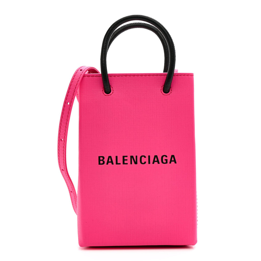 Squared Calfskin Logo Shopping Phone Holder Bag Acid Fuchsia
