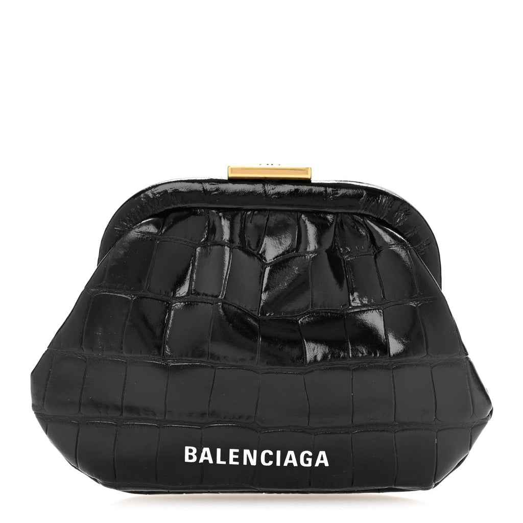 Shiny Supple Calfskin Logo Crocodile Embossed Cloud Coin Purse Black White