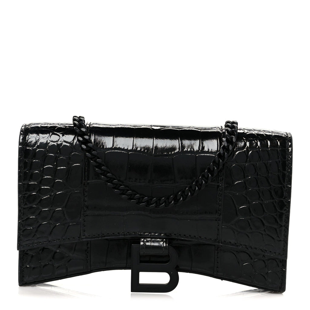Shiny Calfskin Monochrome Crocodile Embossed Hourglass Chain Bag Black