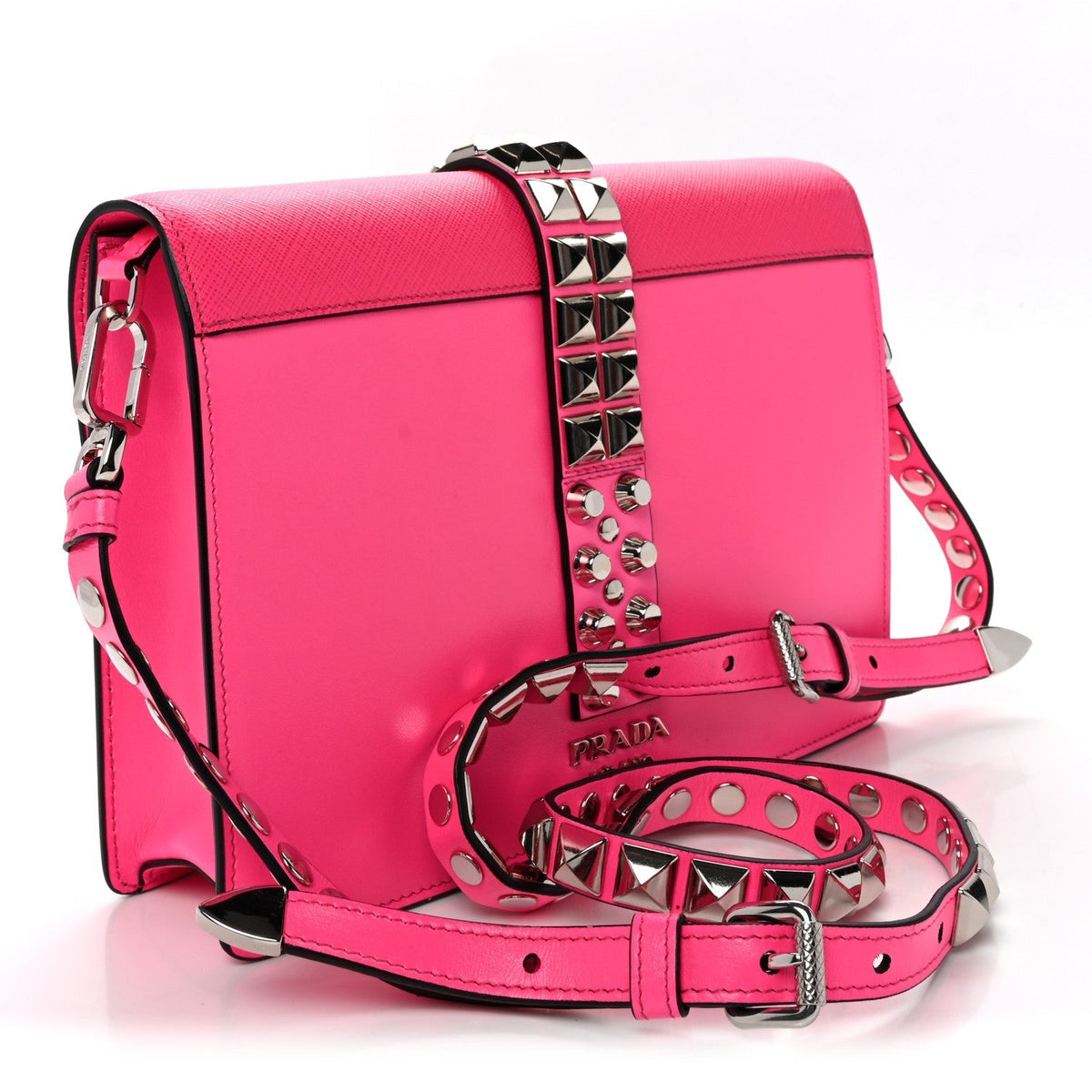 Saffiano City Calfskin Studded Large Elektra Shoulder Bag Fuchsia Black