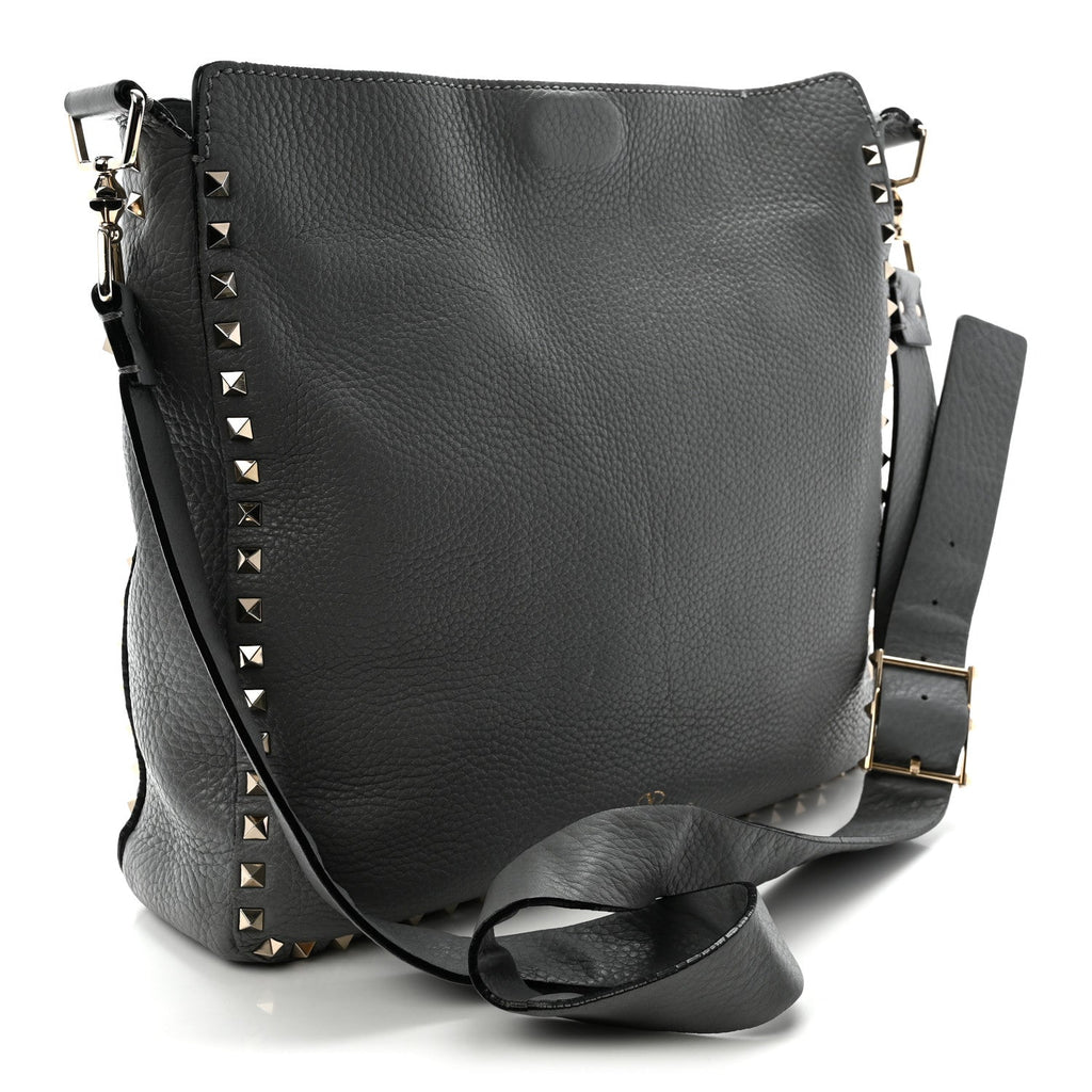 Pebbled Calfskin Small Rockstud Flip-Lock Messenger Bag Light Stone
