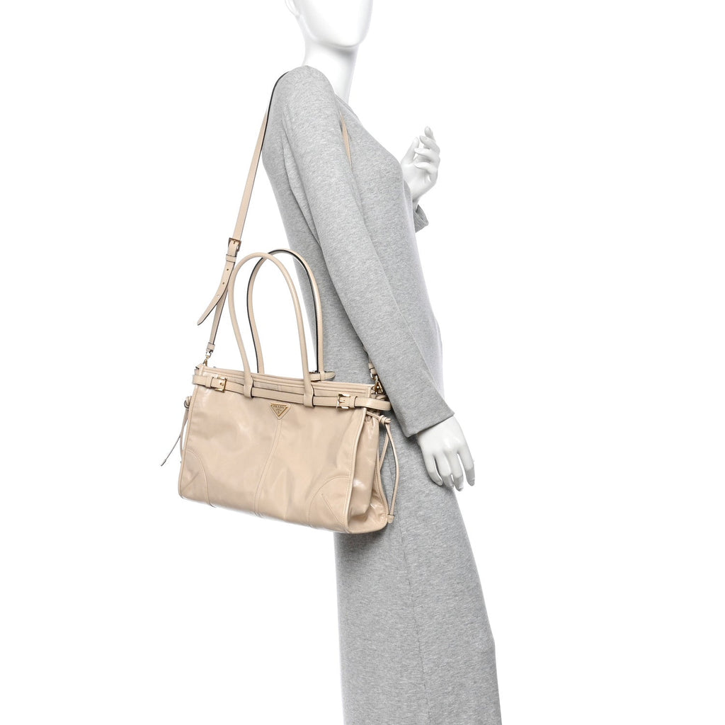 Glossy Calfskin Triangle Large Bonnie Shoulder Bag Travertine