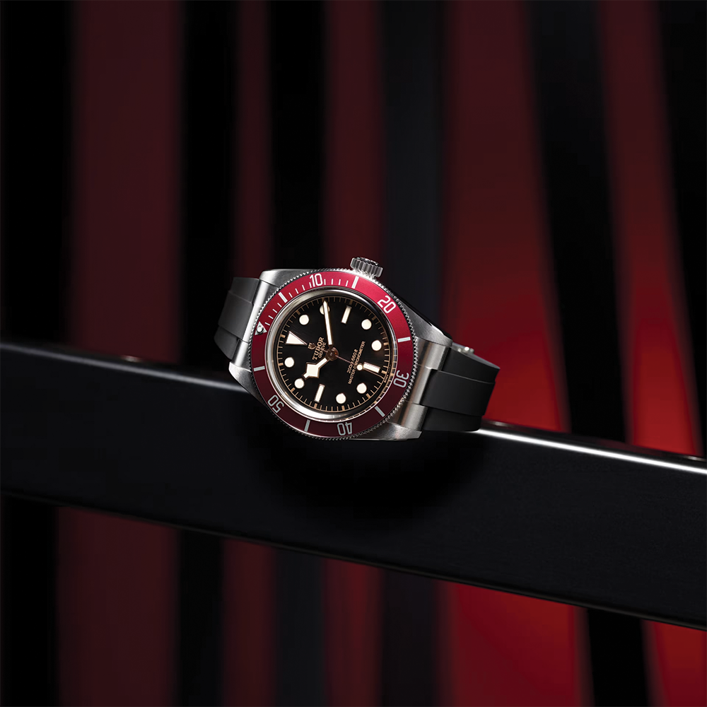 Black Bay 41mm - Black, Burgundy Bezel on Rubber Strap