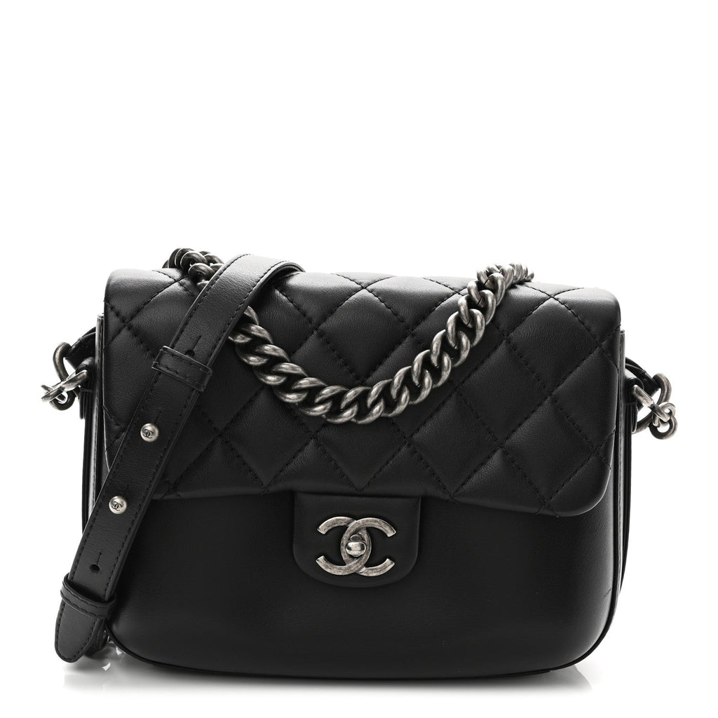 Calfskin Quilted Medium Rock My Shoulder Flap Black