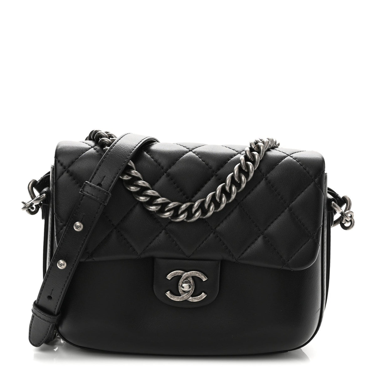 Calfskin Quilted Medium Rock My Shoulder Flap Black