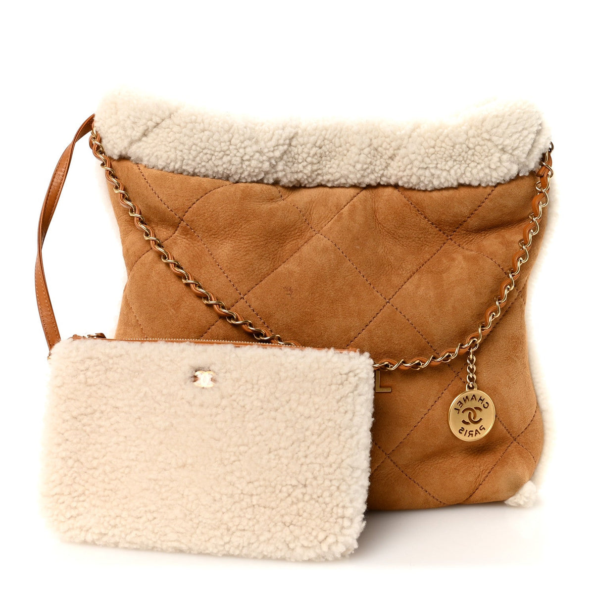 Suede Shearling Quilted Small Chanel 22 Brown White
