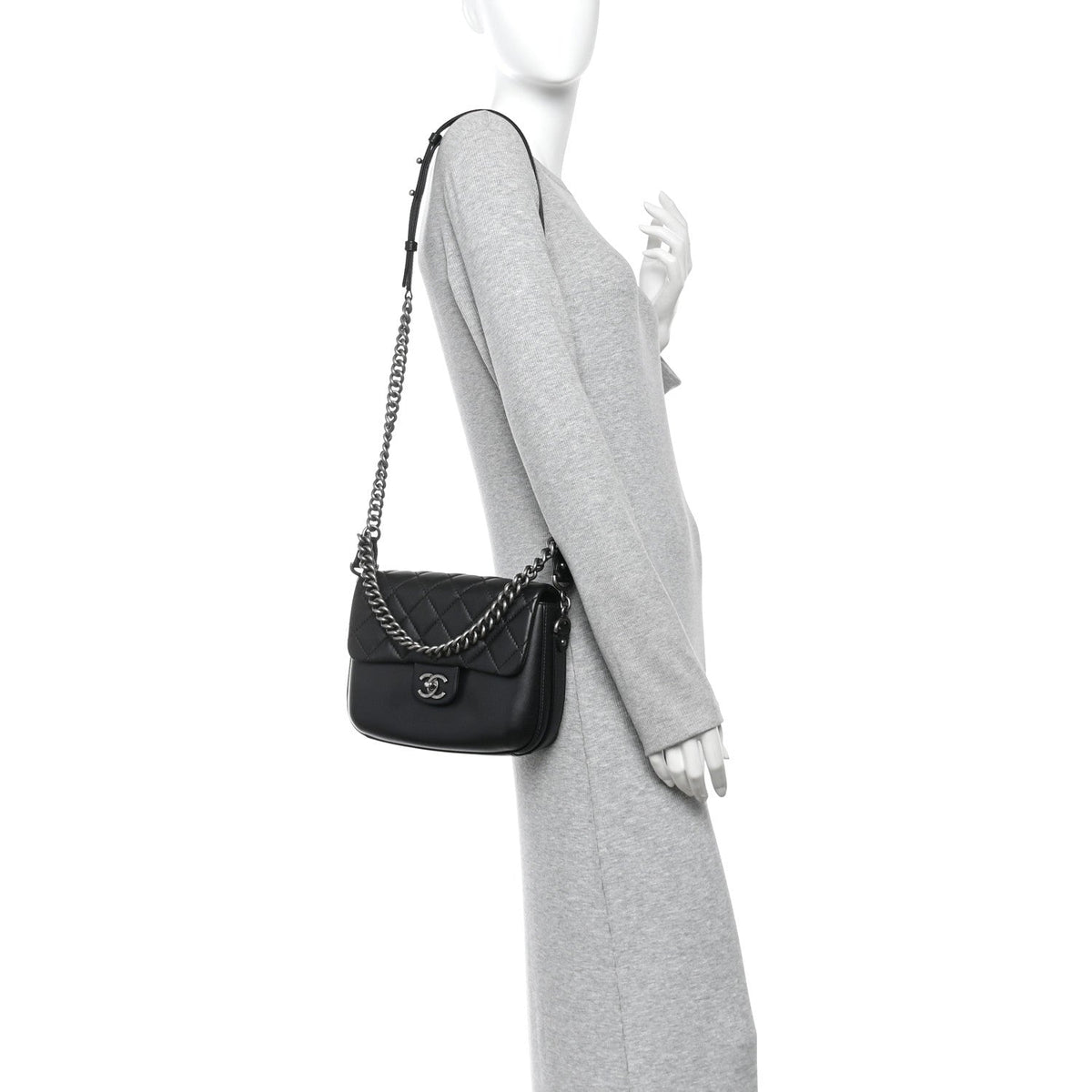 Calfskin Quilted Medium Rock My Shoulder Flap Black