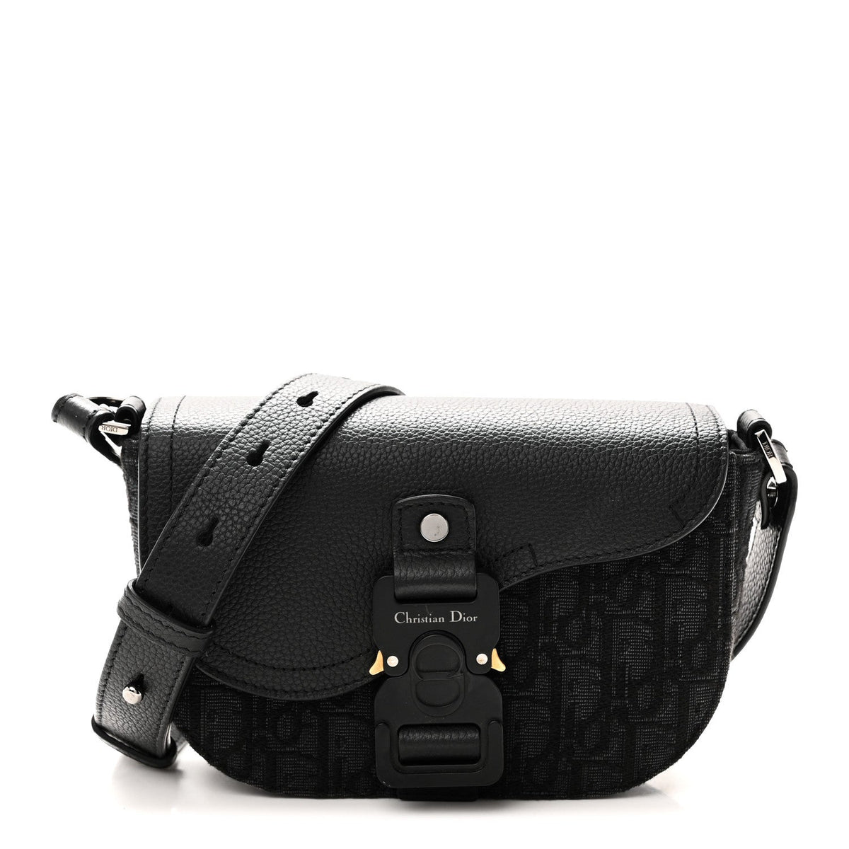 Oblique Jacquard Grained Calfskin Mini Saddle Messenger Bag With Flap Black