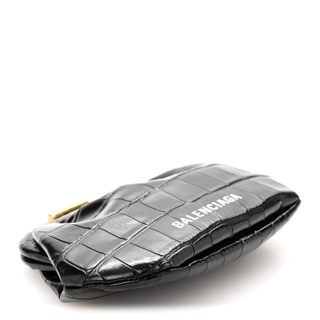 Shiny Supple Calfskin Logo Crocodile Embossed Cloud Coin Purse Black White