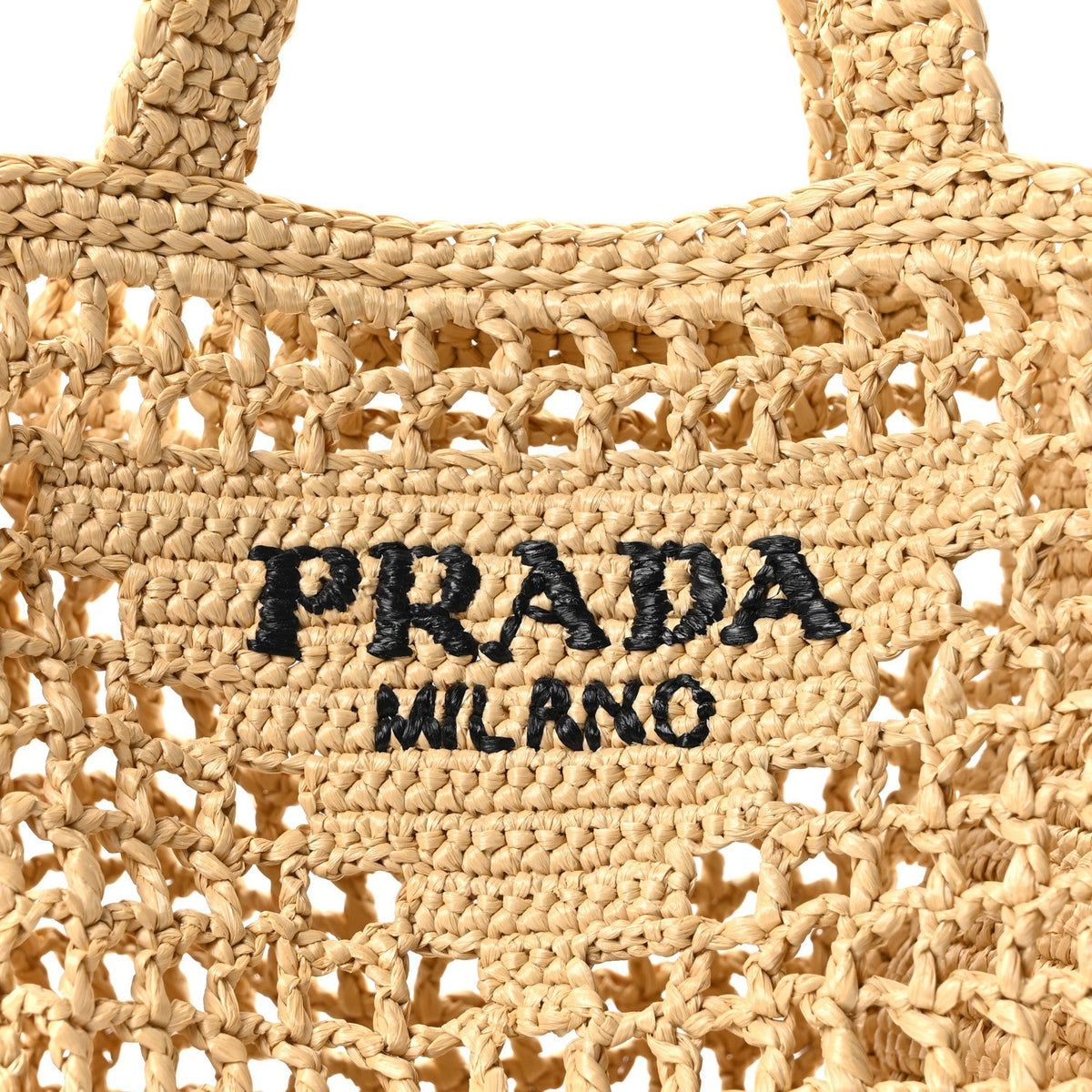 Yarn Raffia Effect Crochet Logo Embroidered Small Tote Bag Naturale