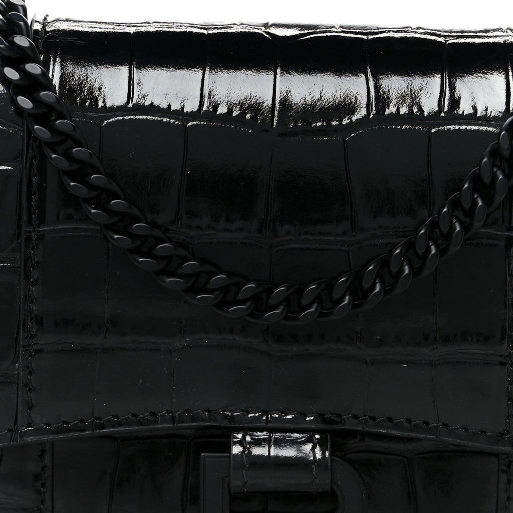 Shiny Calfskin Monochrome Crocodile Embossed Hourglass Chain Bag Black