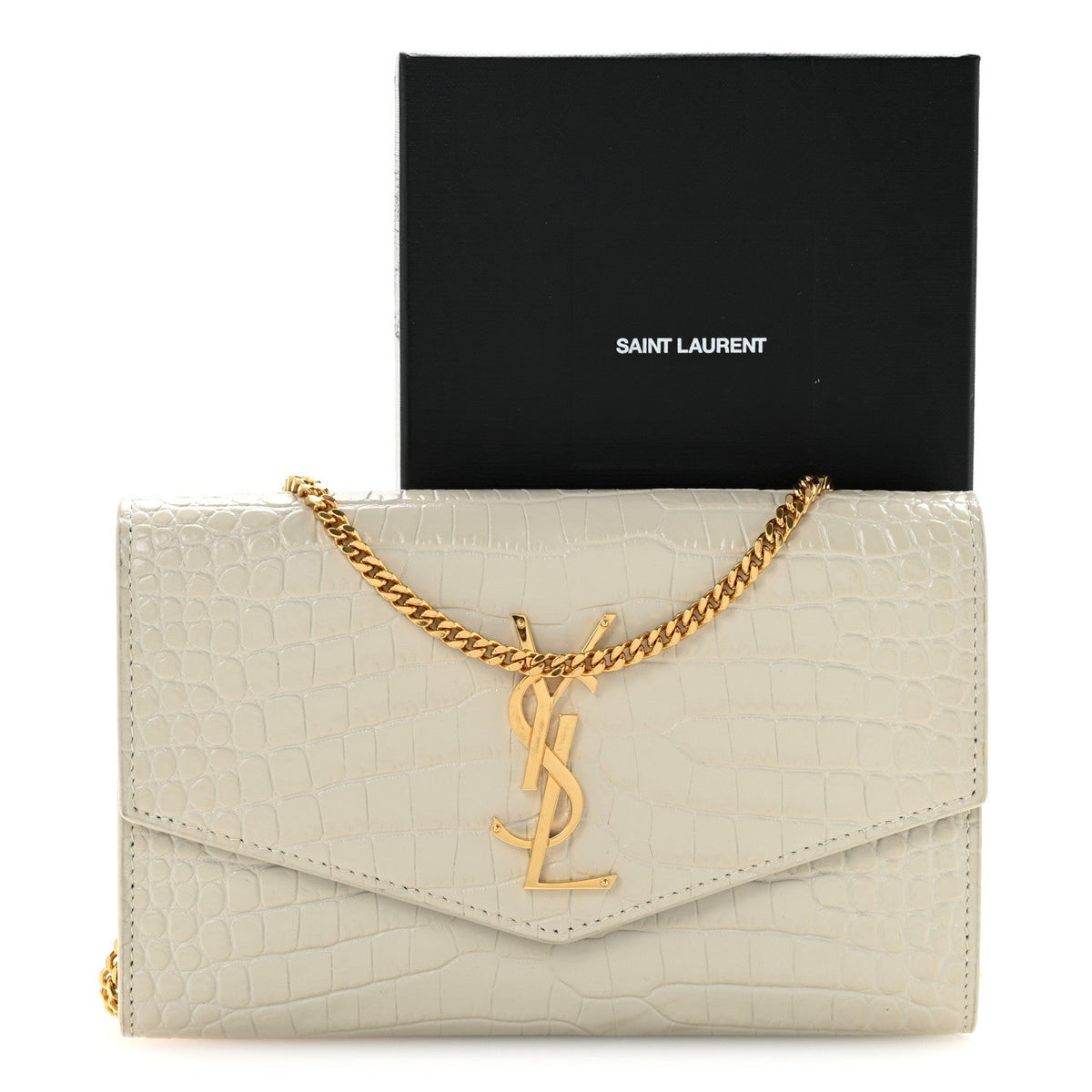 Calfskin Crocodile Embossed Monogram Uptown Chain Wallet Crema Soft