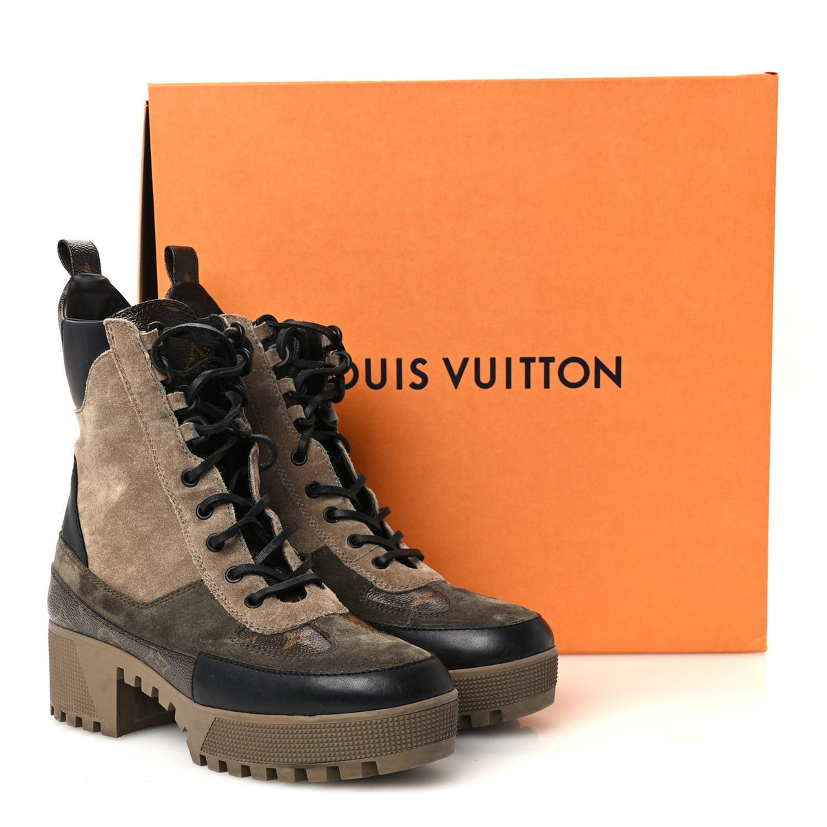 Suede Calfskin Monogram Laureate Platform Desert Boots 39.5 Taupe
