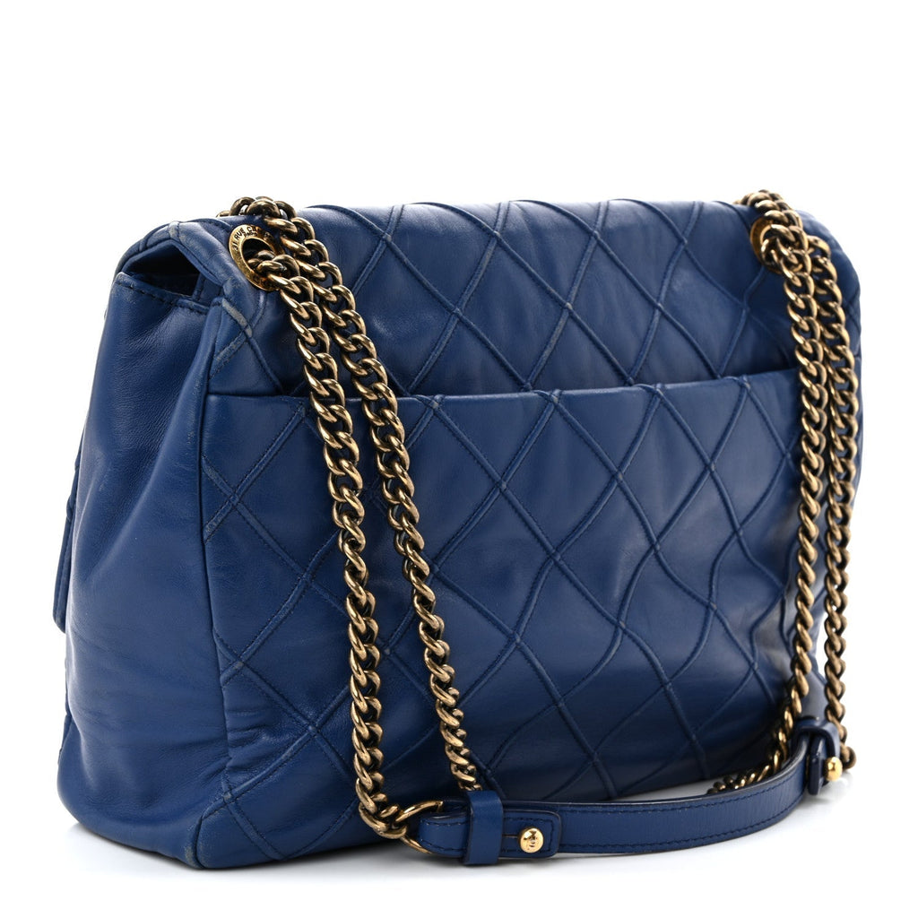 Calfskin Diamond Debossed Large Cosmos Flap Blue
