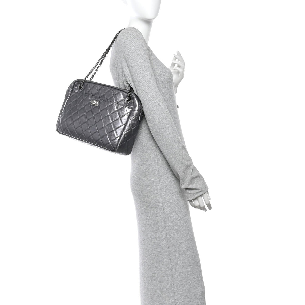 Metallic Aged Calfskin Quilted Large Reissue Camera Case Silver