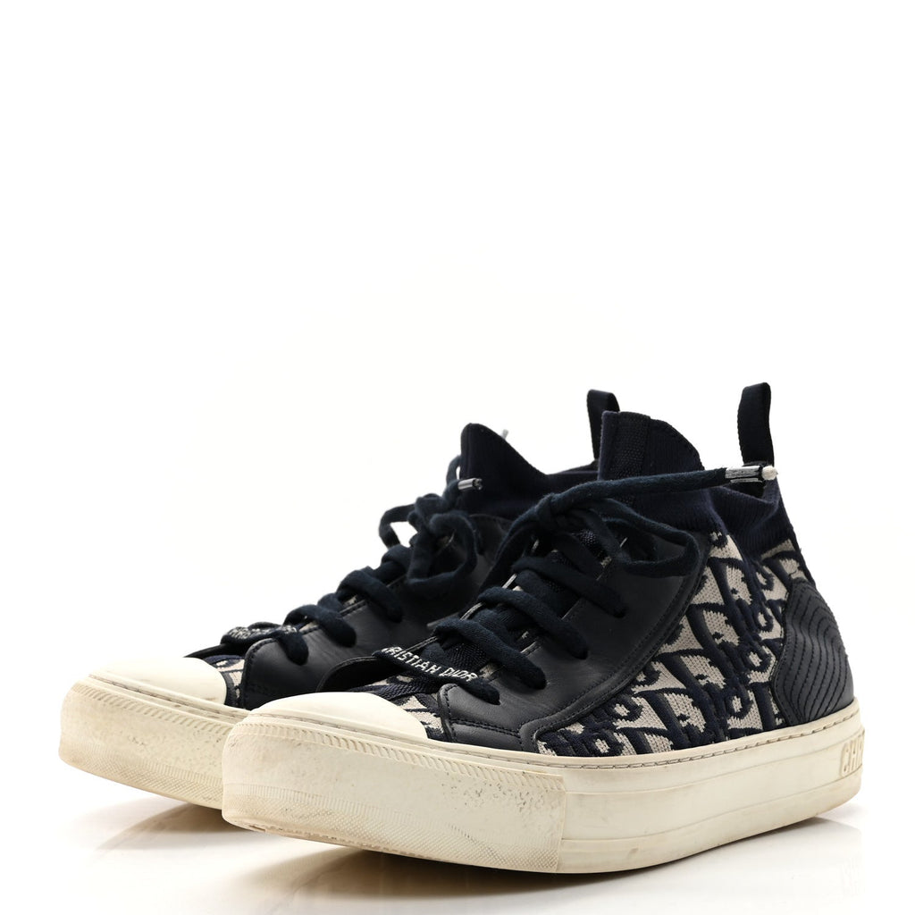 Technical Knit Calfskin Oblique Womens Walk'n Dior Mid Top Sneakers 35 Deep Blue