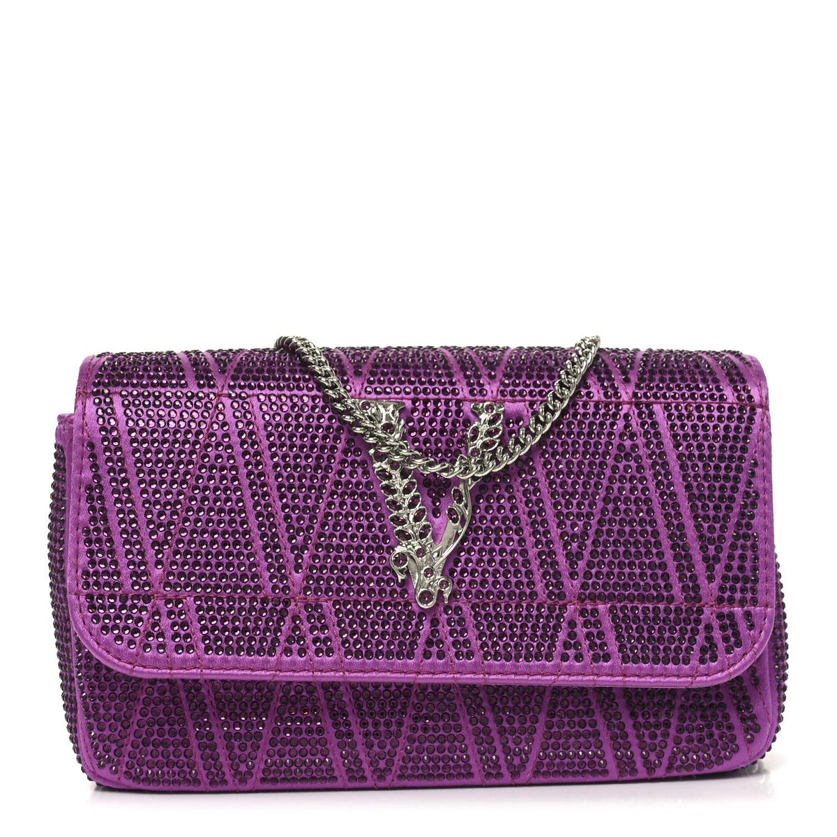 Satin Crystal Virtus Chain Clutch Purple