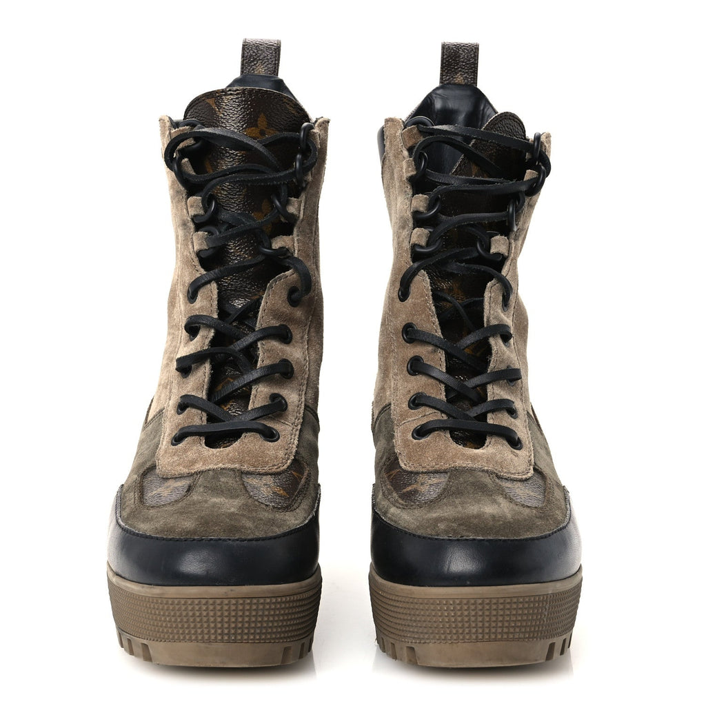 Suede Calfskin Monogram Laureate Platform Desert Boots 39.5 Taupe