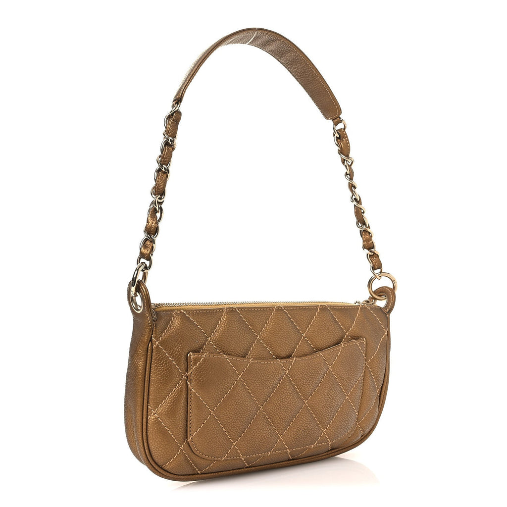 Metallic Caviar Quilted Timeless CC Shoulder Bag Gold