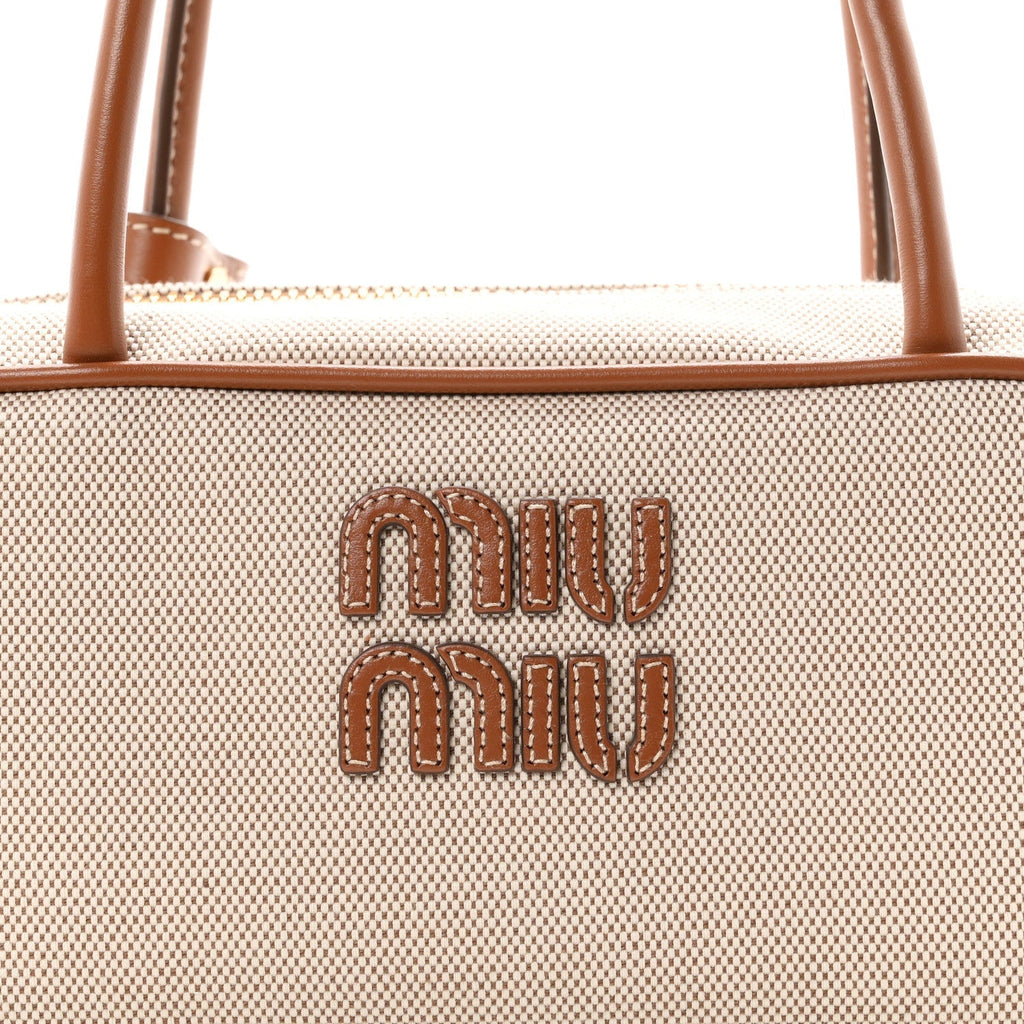 Canvas Calfskin Small Beau Top Handle Bag Naturale Brandy