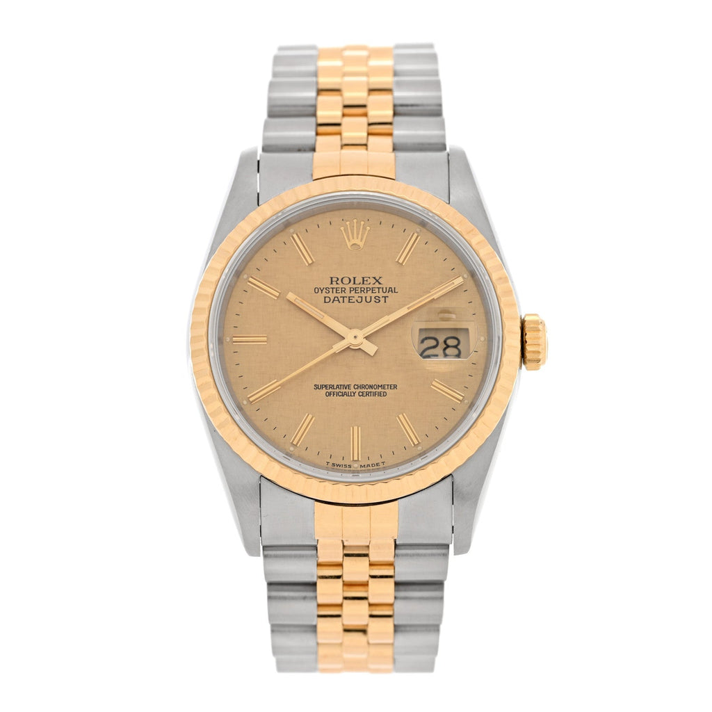 Stainless Steel 18K Yellow Gold 36mm Oyster Perpetual Datejust Watch Champagne Linen 16233