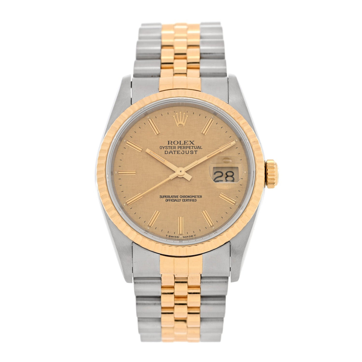 Stainless Steel 18K Yellow Gold 36mm Oyster Perpetual Datejust Watch Champagne Linen 16233