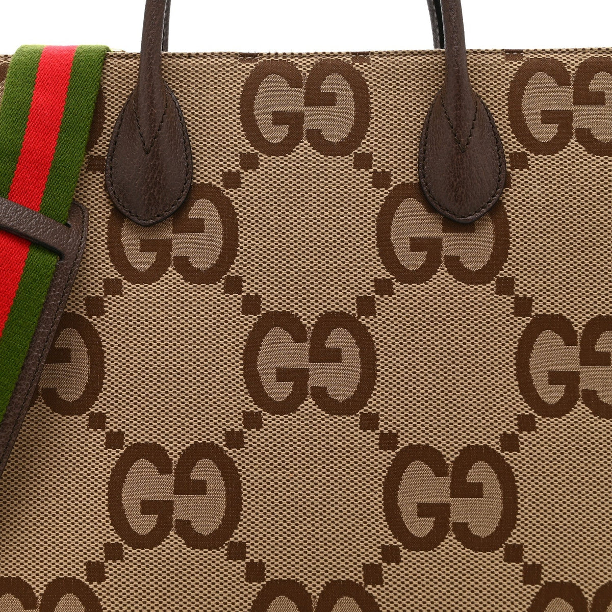 Monogram Jumbo GG Textured Dollar Calfskin Web Tote Bag Camel Ebony New Acero