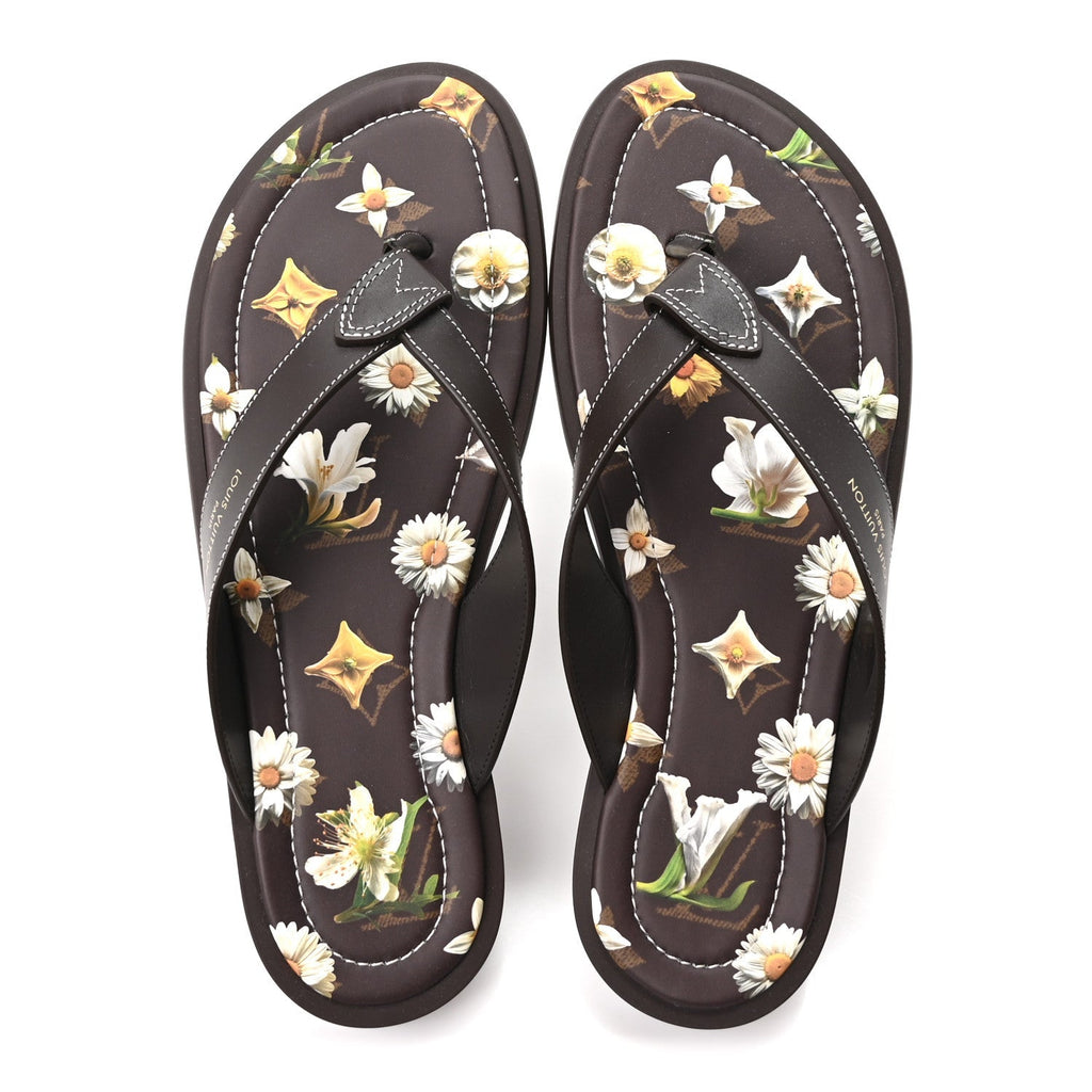 Supple Calfskin Blooming Monogram Mens LV Sunset Thong Sandals 8 Marron