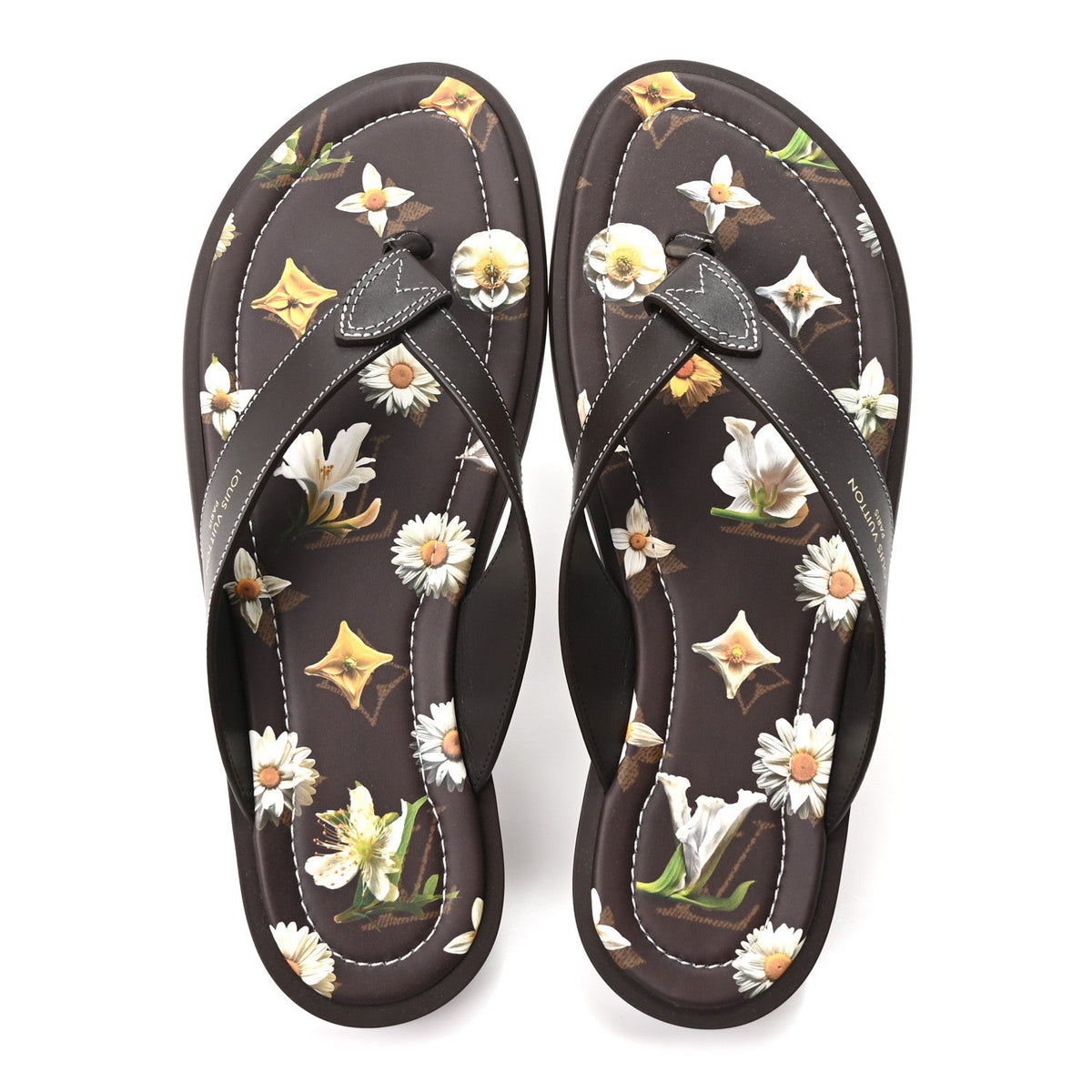 Supple Calfskin Blooming Monogram Mens LV Sunset Thong Sandals 8 Marron