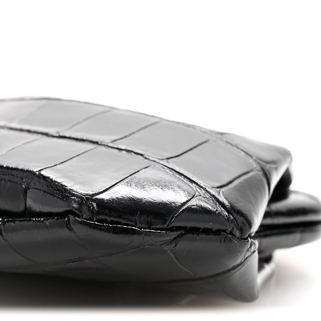 Shiny Supple Calfskin Logo Crocodile Embossed Cloud Coin Purse Black White