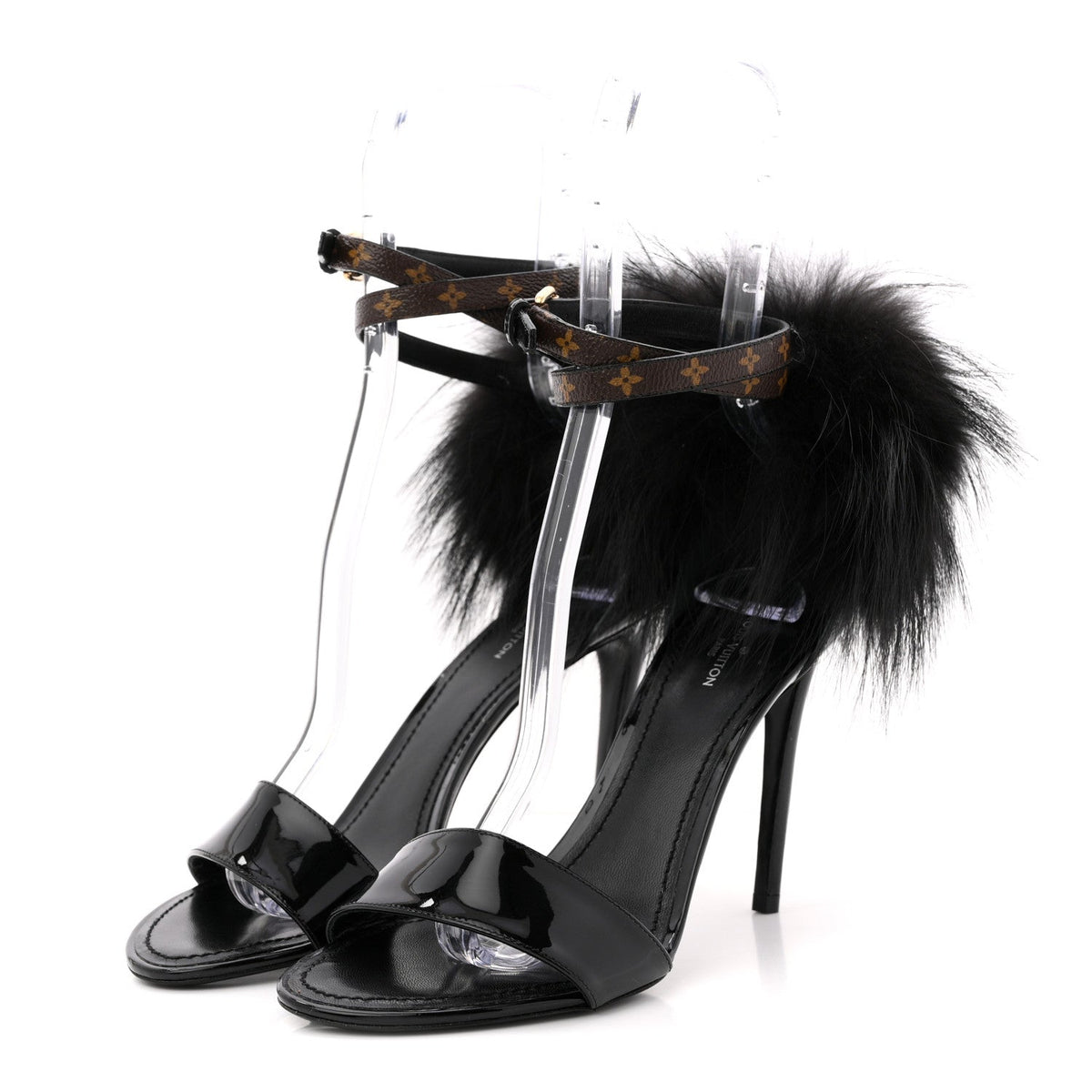 Monogram Patent Fur Sandals 38 Black