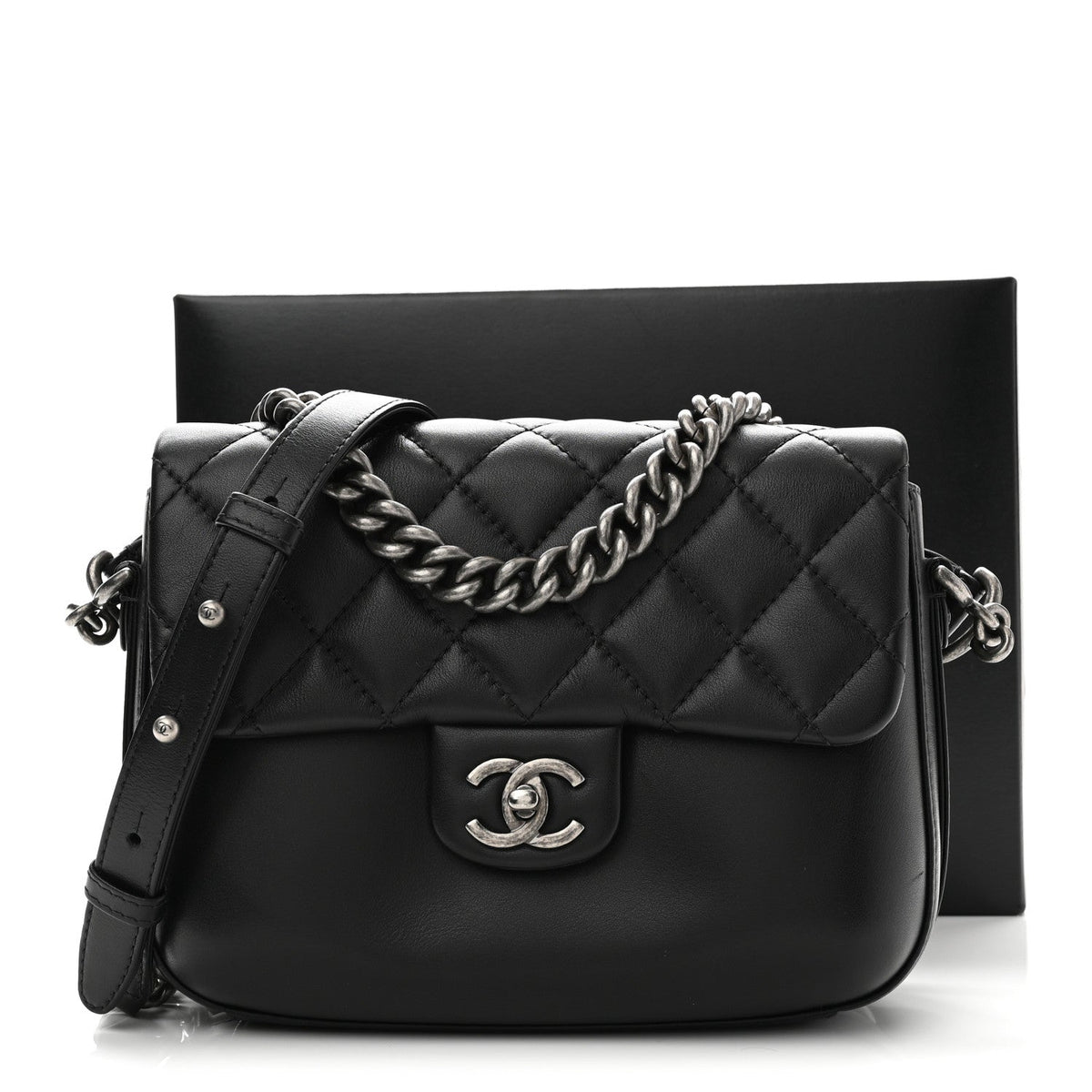 Calfskin Quilted Medium Rock My Shoulder Flap Black