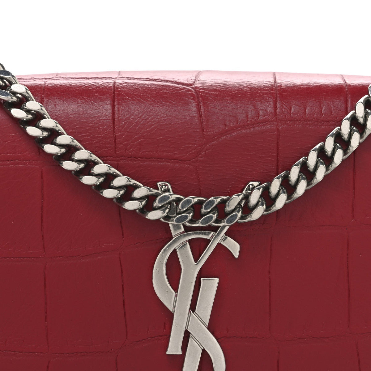 Calfskin Crocodile Embossed Small Classic Monogram Kate Tassel Satchel Red