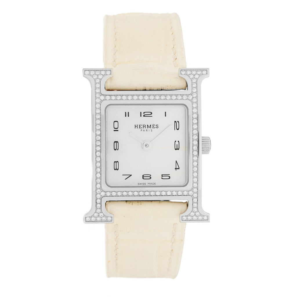 Stainless Steel Alligator Diamond Bezel Mother of Pearl 21mm Heure H Hour Quartz Watch Blanc
