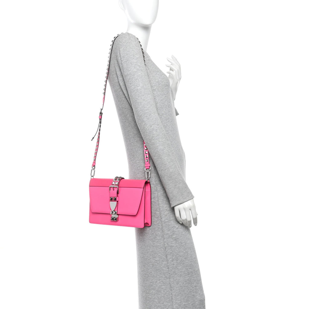 Saffiano City Calfskin Studded Large Elektra Shoulder Bag Fuchsia Black