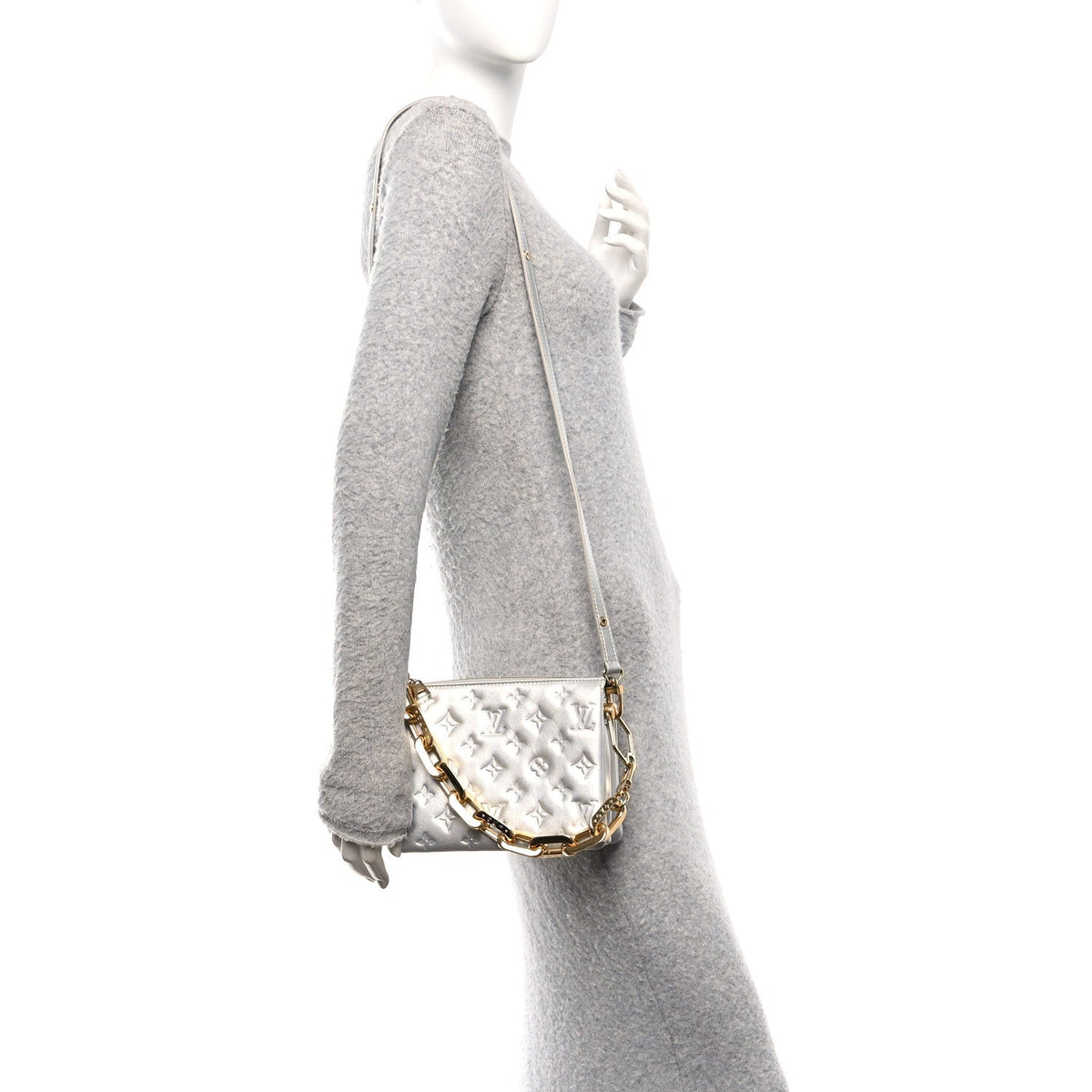 Metallic Lambskin Embossed Monogram Coussin BB Silver