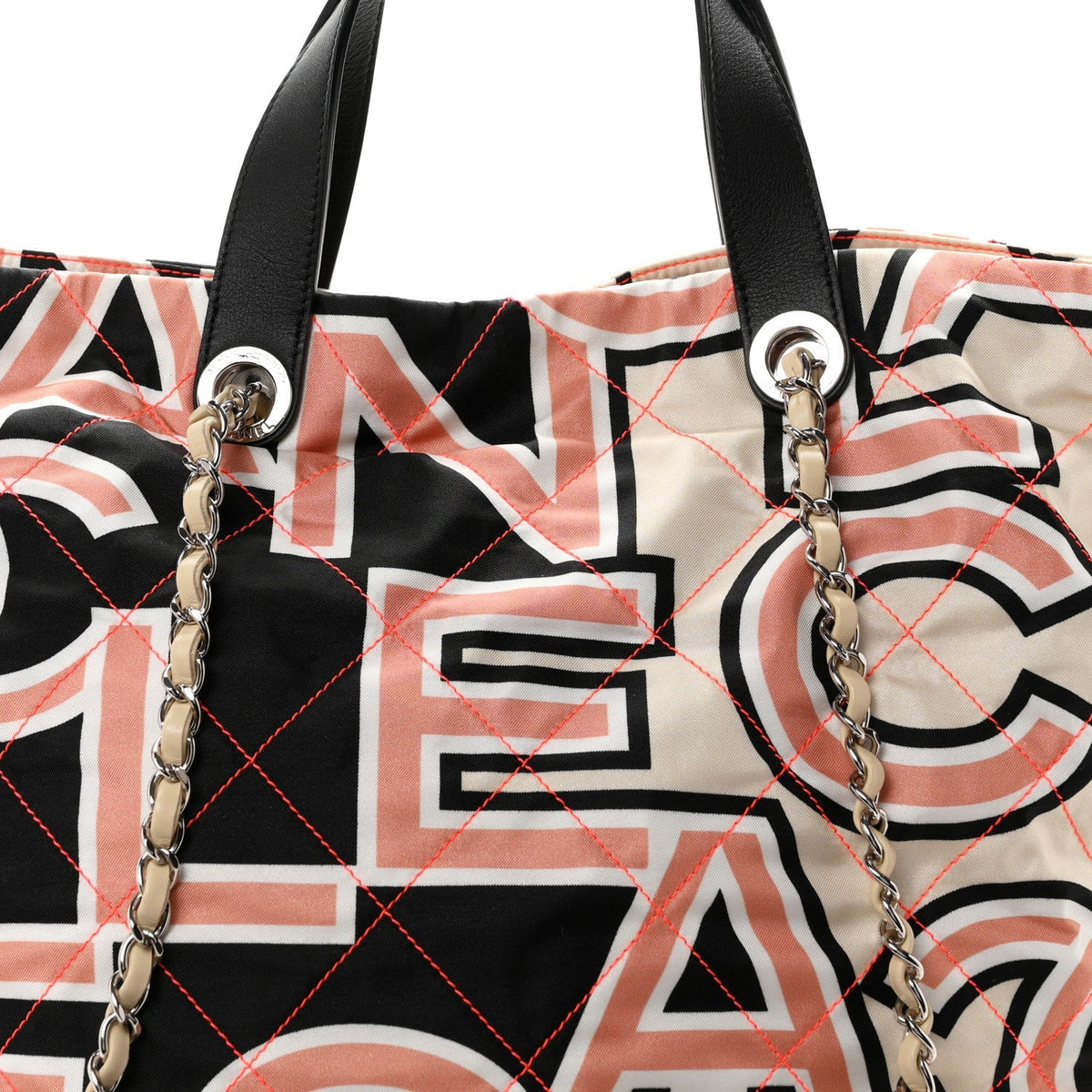 Nylon Stitched Printed Logo Shopping Bag Black White